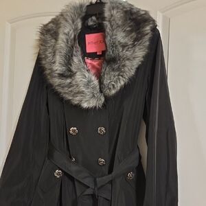 Betsey Johnson Black Trench Coat with Gray Faux Fur Collar
